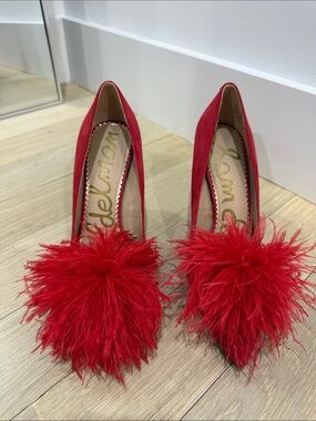 Sam Edelman Red Feather Pom-Pom Pointed Toe Pumps